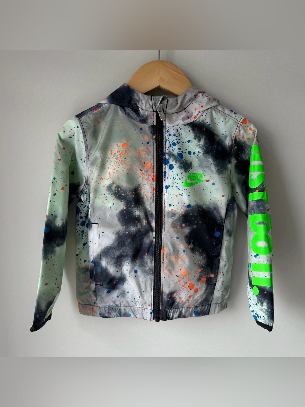 Nike Kids Multi-Color Splatter Windbreaker with Neon Green Swoosh 2T